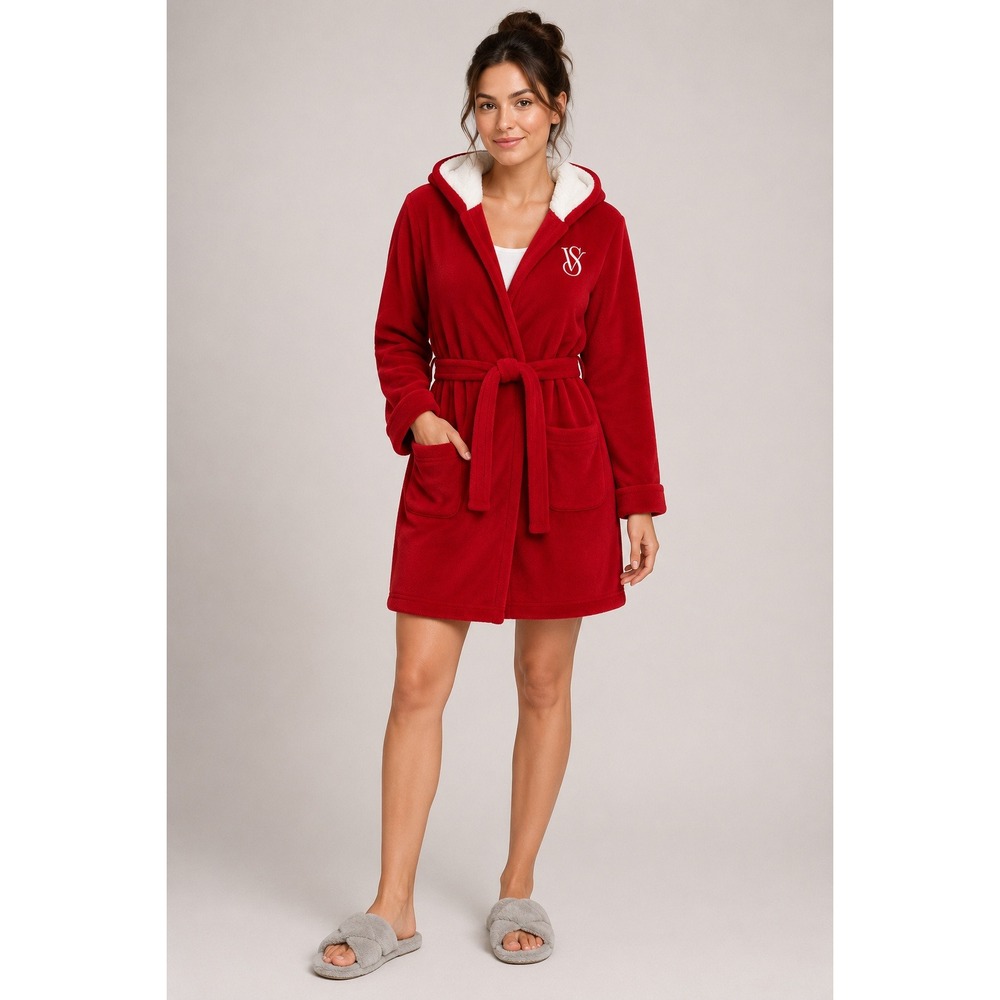 Victoria's Secret Red Sherpa Hooded Plush Robe Size M/L Fleece VS Logo Bathrobe